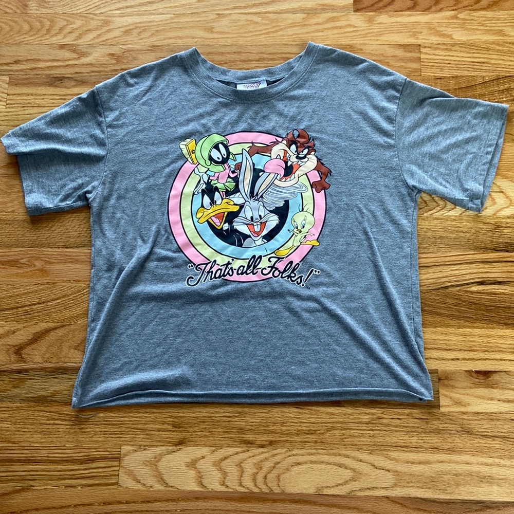 Cropped tee-shirt; looney tunes, size: large, lightly used, color: grey